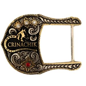Fivela CrinaChik 2025-05 Preto Ralo Ouro com Strass Detalhe Vermelho